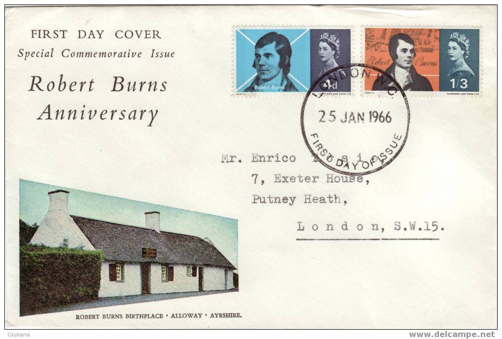 GRAN BRETAGNA - FDC Viaggiata Burns Coomemoration - 25/1/1966 - 1952-1971 Pre-Decimal Issues