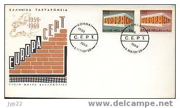 Jolie Fdc 1er Jour Europa CEPT 1969 Grèce Emblème Mur Maçonnerie - 1969