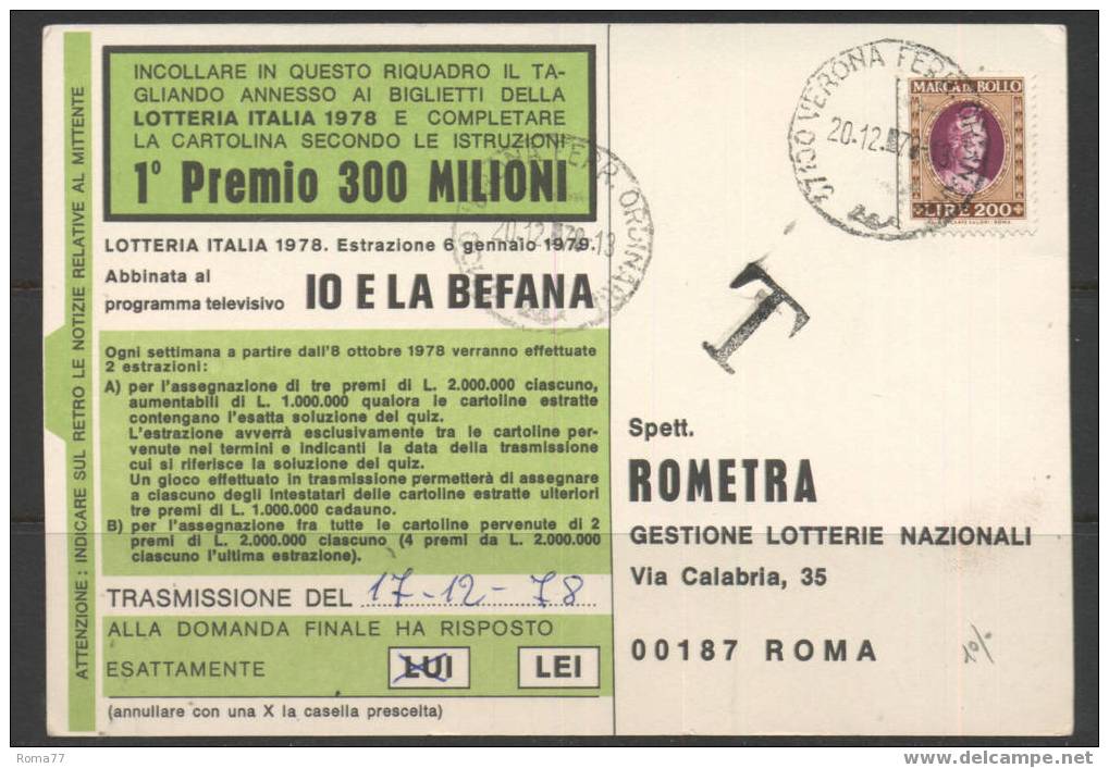 515 - REPUBBLICA , STORIA POSTALE : DA VERONA  20/12/978  Marca Da Bollo - Fiscaux