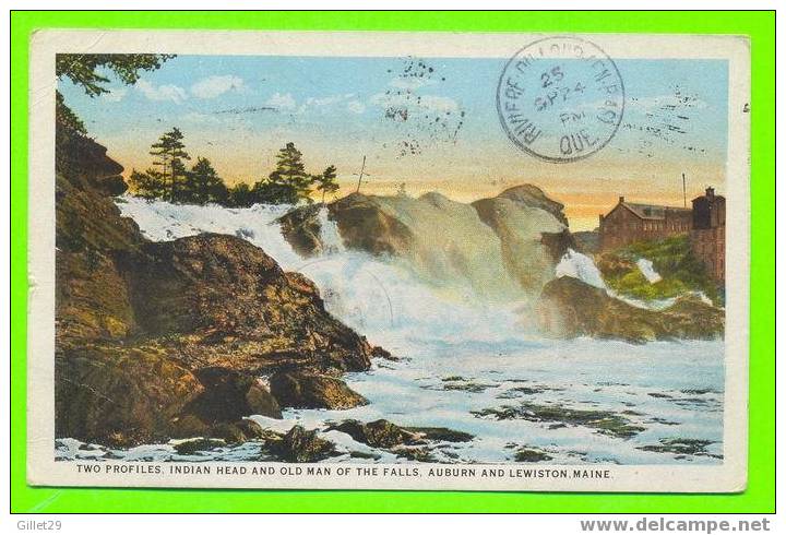LEWISTON, ME - TWO PROFILES, INDIAN HEAD AND OLD MAN OF THE FALLS - CARD TRAVEL IN 1925 - - Lewiston