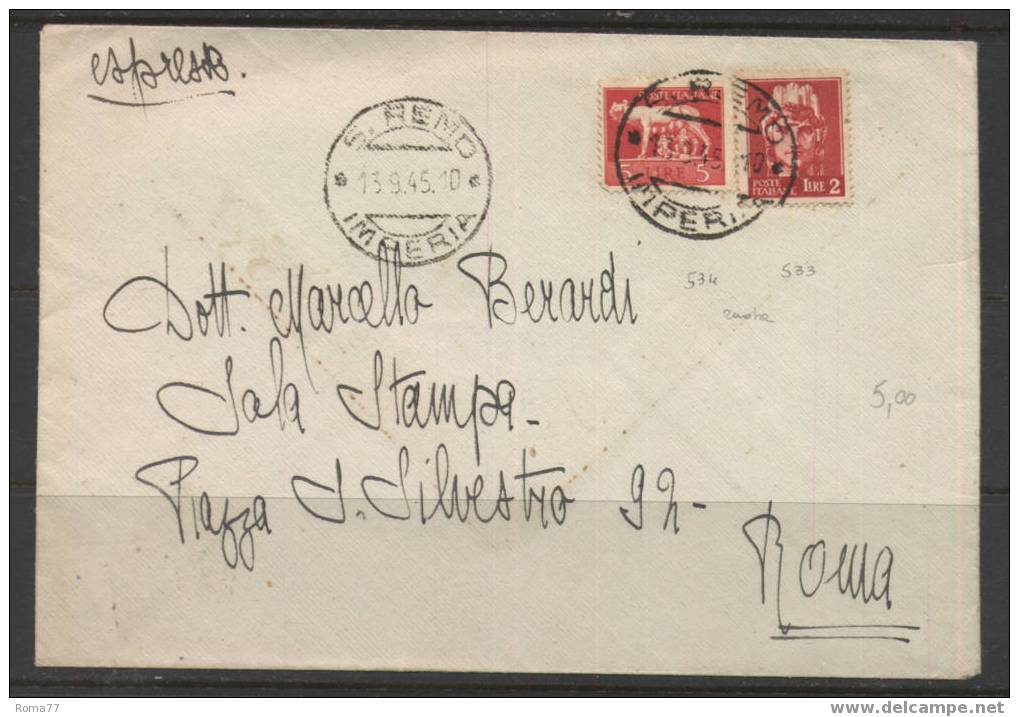 734 - REPUBBLICA , STORIA POSTALE : DA SANREMO  13/9/945 - Poststempel