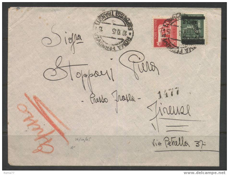 782 - LUOGOTENENZA , STORIA POSTALE : DA ROMA  10/10/945 - Marcophilia