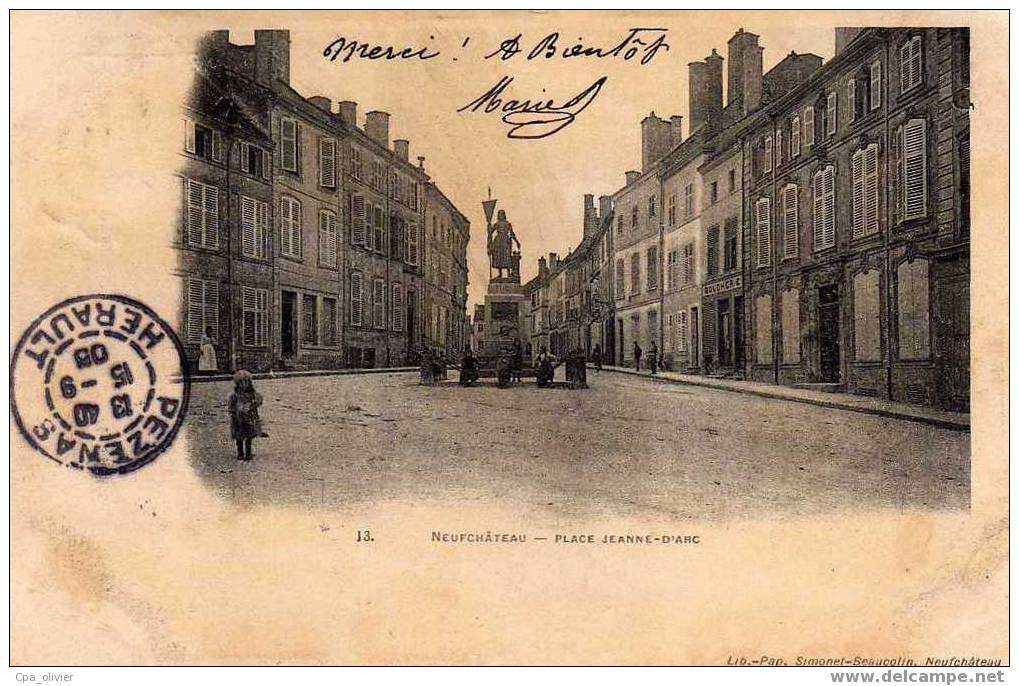 88 NEUFCHATEAU Place Jeanne D'Arc, Animée, Ed Simonet 13, 1905, Dos 1900 - Neufchateau