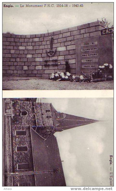 ENGIS = 2 Vues Sur 1 Carte = Le Monument 1914-18 Et L'Eglise  (edit. Wauters) - Engis