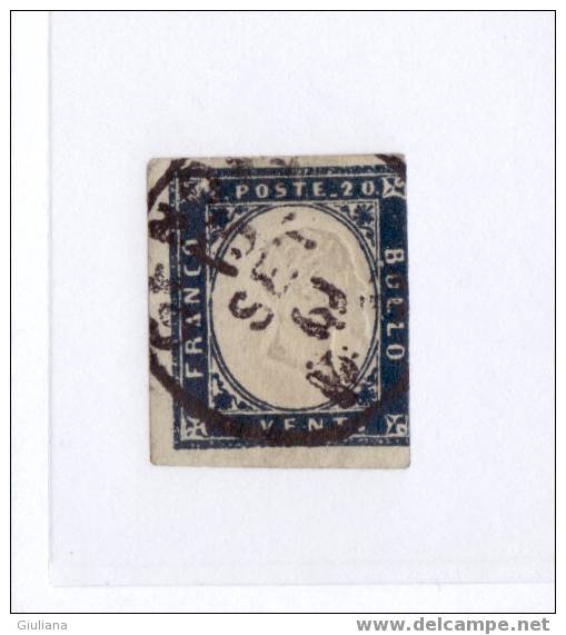 ITALIA REGNO - F.LLI DEL REGNO DI SARDEGNA 1861/63 -  20c. Indaco  Used N. 3 Sassone - Afgestempeld