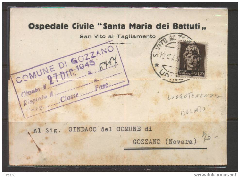 881 - LUOGOTENENZA , STORIA POSTALE : DA S.V.AL TAGLIAMENTO 19/12/945 - Marcophilia