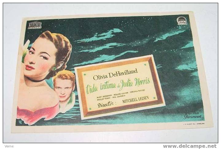 ANTIGUO PROGRAMA  DE MANO DE VIDA INTIMA DE JULIA NORRIS, CON OLIVIA DE HAVILLAND ,MARY ANDERSON,ROLAND CULVER, ORIGINAL - Afiches & Pósters