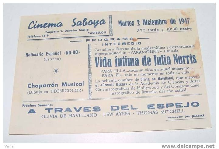 ANTIGUO PROGRAMA  DE MANO DE VIDA INTIMA DE JULIA NORRIS, CON OLIVIA DE HAVILLAND ,MARY ANDERSON,ROLAND CULVER, ORIGINAL - Afiches & Pósters