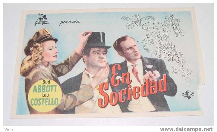 ANTIGUO PROGRAMA DE MANO DE LA PELICULA En Sociedad (Bud Abbott, Lou Costello), ORIGINAL CON PUBLICIDAD DEL CINE DE CAST - Afiches & Pósters