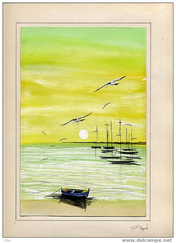 MARINE  -  BORD DE MER AVEC BATEAUX ET GOELANDS   -  ANNEE 1960/70 - Watercolours