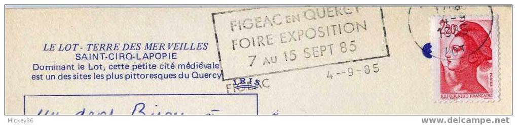 St Cirq-Lapopie-1985--Vue Générale,cpm éd CAP-THEOJAC--flamme FIGEAC Foire EXPO-- - Saint-Cirq-Lapopie