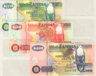 ZAMBIA UNC BANKNOTE K20,K50,K100 BIRDS - Zambie