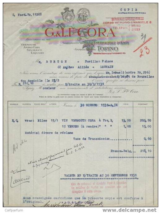 VERMOUTH / AMARO CORA / SPUMANTI / LIQUORI  TORINO  1931  (F267) - Autres & Non Classés