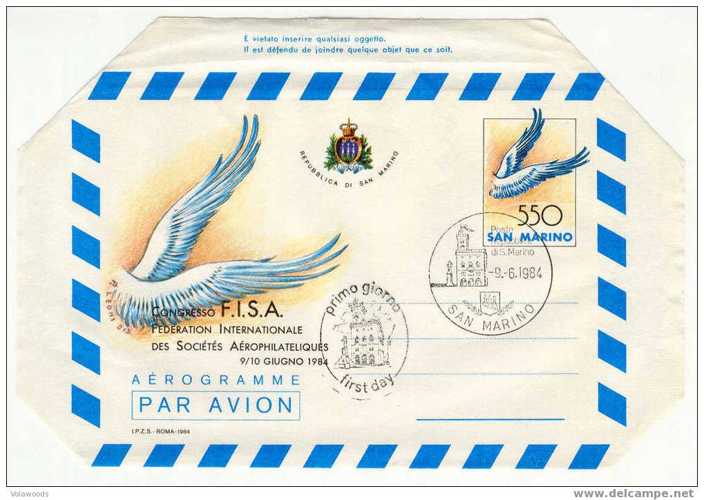 San Marino - Aerogramma F.I.S.A. - Congresso Aerofilatelia Fdc - Entiers Postaux