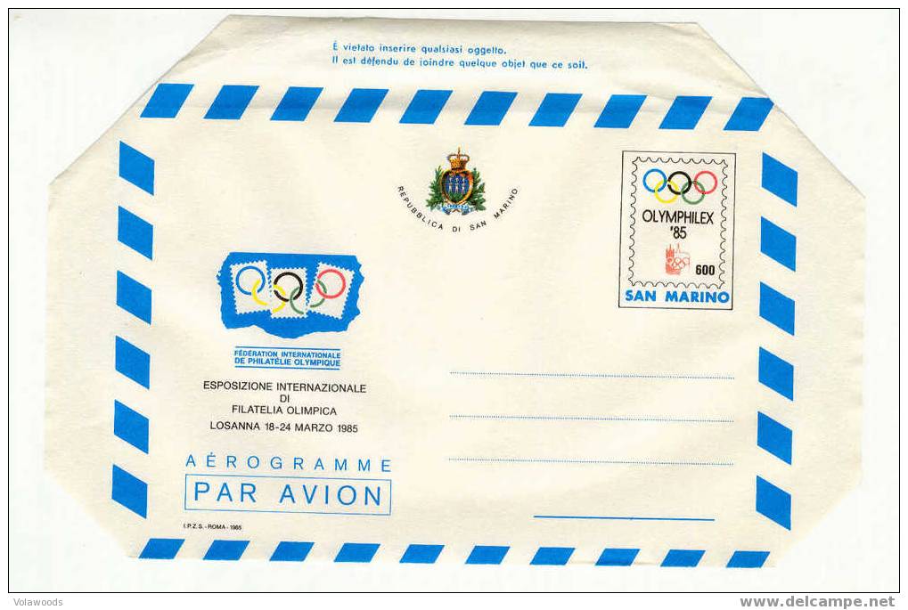 San Marino - Aerogramma Nuovo: Olimphilex - Esposizione Internazionale Di Filatelia Olimpica - 1985 - Postwaardestukken
