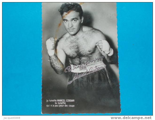 Sports) Marcel  Cerdan----PUB  LA LUNETTE CERDAN--petites Taches De Rouilles--rare-tres Belle Carte - Boxe