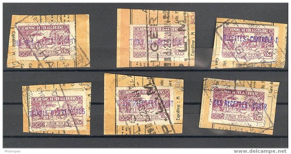 ALGERIA, 10 RAILWAY STAMPS 8,25 FRANCS, FROM 1942-43 F/VFU ON PIECES - Colis Postaux