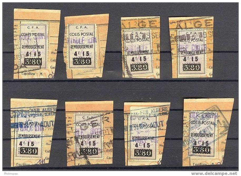 ALGERIA, 15 RAILWAY STAMPS 4.15 On 3.80 FRANCS, FROM 1942-43 F/VFU ON PIECES - Colis Postaux