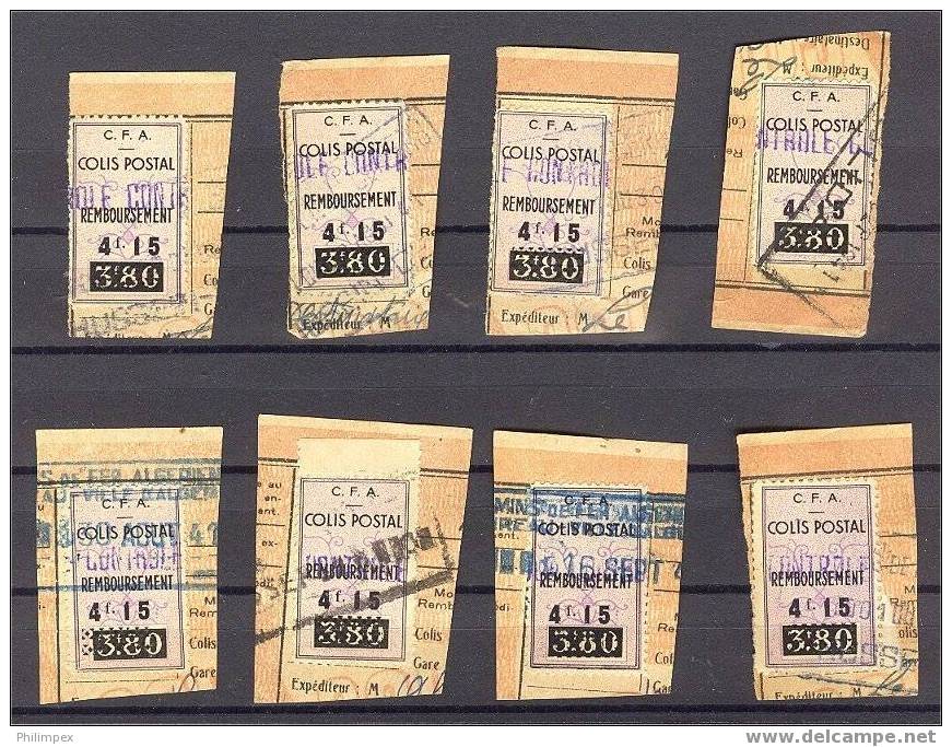 ALGERIA, 15 RAILWAY STAMPS 4.15 On 3.80 FRANCS, FROM 1942-43 F/VFU ON PIECES - Colis Postaux