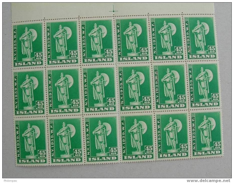 ICELAND, EXPOSITION NEW YORK 1939, 45 AUR BLOCK OF 18 NEVER HINGED **! - Unused Stamps