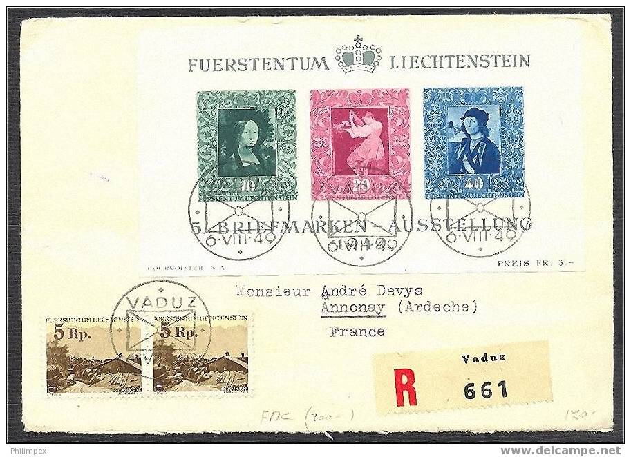 LIECHTENSTEIN FAMOUS PAINTINGS, SHEETLET FROM 1949 On FDC TO FRANCE - Blocks & Sheetlets & Panes