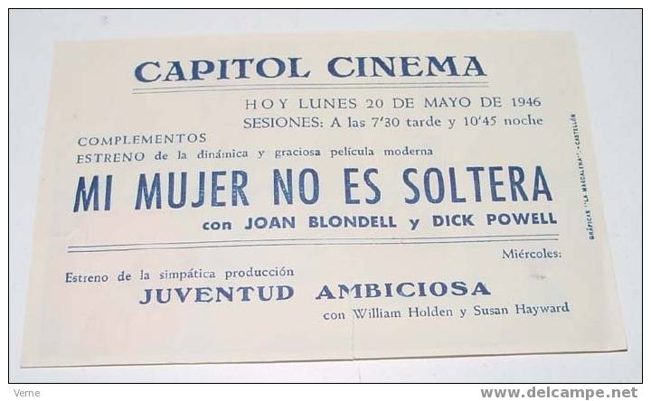 MI MUJER NO ES SOLTERA - Joan Blondell - Dick Powell - Lee Bowman - Charlie Ruggles - ANTIGUO PROGRAMA DE CINE - CASTELL - Afiches & Pósters