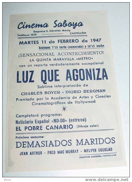 LUZ QUE AGONIZA-CHARLES BOYER - INGRID BERGMAN - ANTIGUO PROGRAMA DE CINE - CASTELLON - CON PUBLICIDAD AL DORSO VER LA F - Affiches & Posters