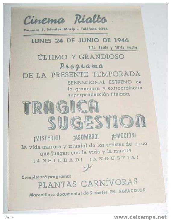 TRAGICA SUGESTION David Farrar - Herbert Lom - ANTIGUO PROGRAMA DE CINE - CASTELLON - CON PUBLICIDAD AL DORSO VER LA FOT - Afiches & Pósters