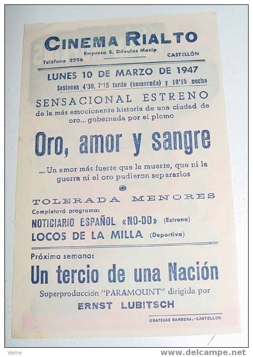 ORO AMOR Y SANGRE - WARNER BROS - Randolph Scott - Humphrey Bogar T- ANTIGUO PROGRAMA DE CINE - CASTELLON - CON PUBLICID - Afiches & Pósters