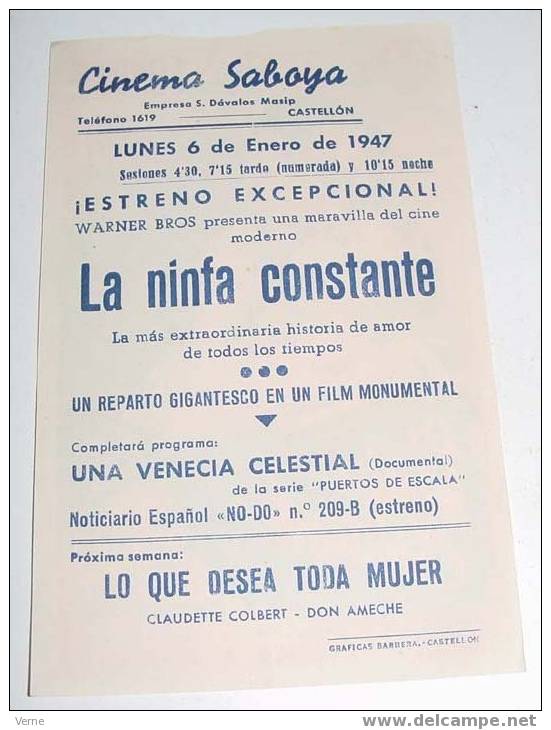 LAM NINFA CONSTANTE , CON CHARLES BOYER, JOAN FONTAINE , ALEXIS SMITH , AÑO 1947 - ANTIGUO PROGRAMA DE CINE - CASTELLON - Afiches & Pósters