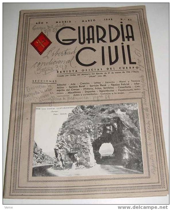 ANTIGUA REVISTA OFICIAL DEL CUERPO DE LA GUARDIA CIVIL - CROMO ILUSTRADO EN LA PORTADA - MARZO 1948 - Nº 47 - MIDE 31,5X - Police & Gendarmerie