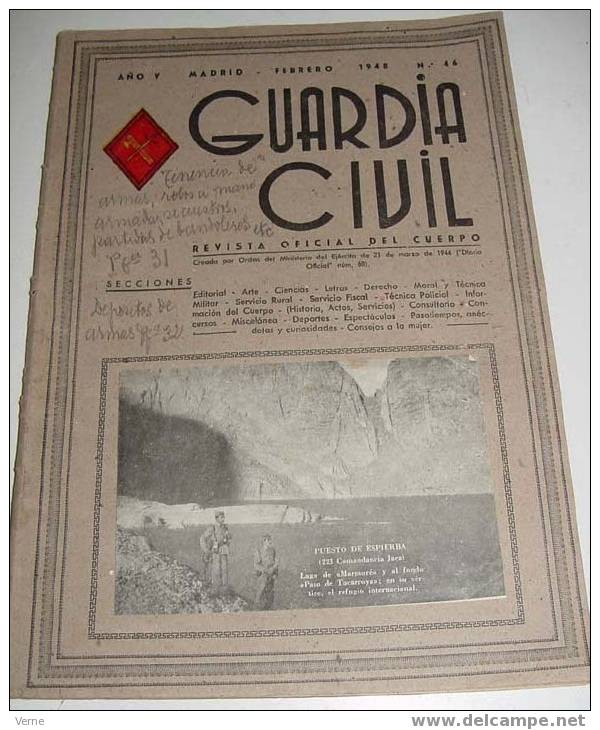 ANTIGUA REVISTA OFICIAL DEL CUERPO DE LA GUARDIA CIVIL - CROMO ILUSTRADO EN LA PORTADA - FEBRERO 1948 - Nº 46 - MIDE 31, - Policia