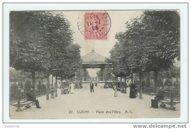 CPSM Clichy Hauts De Seine Place Des Fêtes Animée édit A. C. écrite Timbrée 1908 Bon état - Clichy