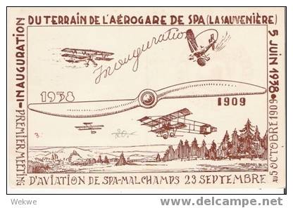 B145 / BELGIEN -  Aviation- Sonderkarte 5. Juni  1938 -  Spa-Brüssel Geflogen (s.2.scan) - Briefe U. Dokumente