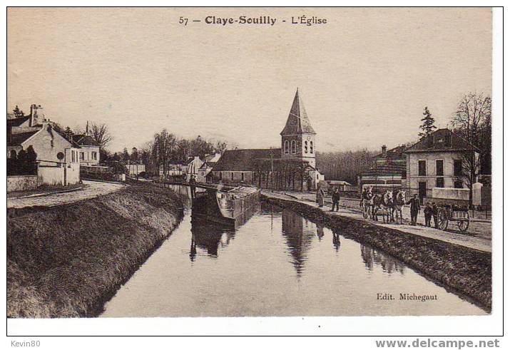 77 CLAYE SOUILLY  Très Belle Cpa Animée. L´ Eglise + Péniche + Attelage Sur La Berge - Claye Souilly