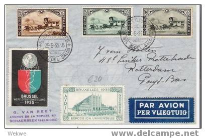 B199  Belgien, / Flugposbrief Mit Dem Satz Zur Briefmarkenausstellung 1935 + 2 Vignetten - Briefe U. Dokumente