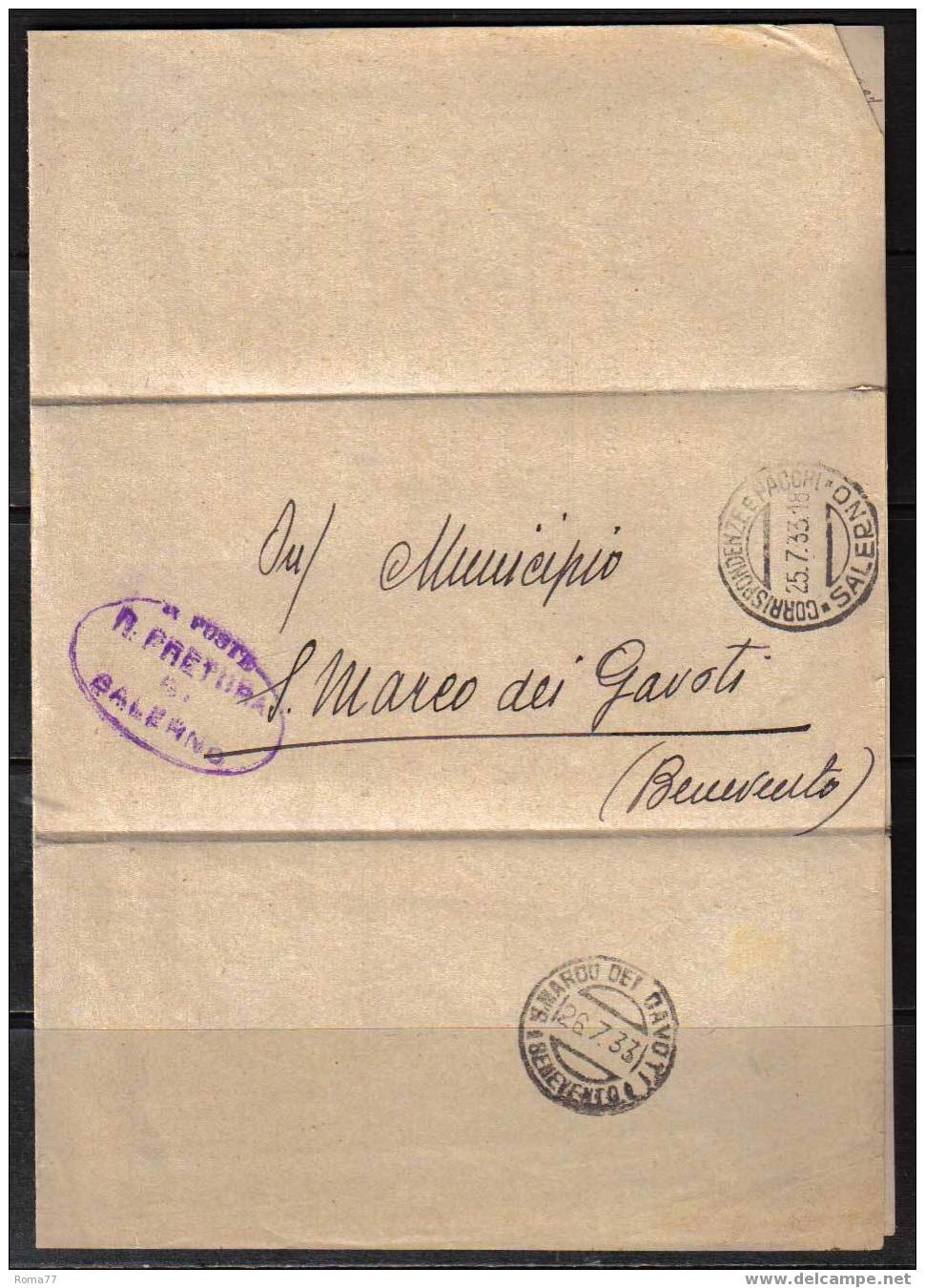 VER65 - DA SALERNO 25/7/33  A S.MARCO DEI GAVOTI : RISPEDIZIONE - Storia Postale