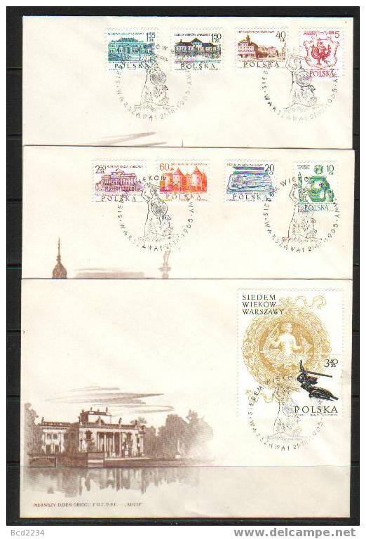 POLAND FDC 1965 SEVEN CENTURIES OF WARSAW SET OF 8 & MS Buildings Horses Carriage Stagecoach Pottery Sculpture Palace - FDC