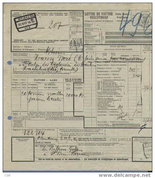 Vrachtbrief / Lettre De Voiture Met Spoorwegstempel RHISNES N°2  Op 20/8/1926 - Sonstige & Ohne Zuordnung