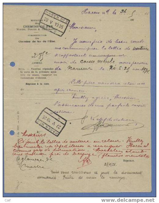 CHEMIN DE FER Met Spoorwegstempel HAREN N°2 Op 26/5/1925 - Other & Unclassified