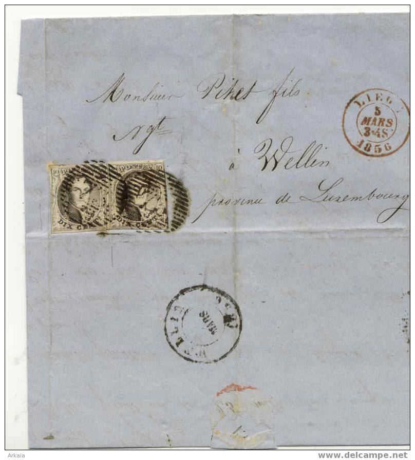 Lettre De Liege (5/03/1856) Avec 2X 10C Margés Vers Wellin - 1849-1865 Medaillen (Sonstige)