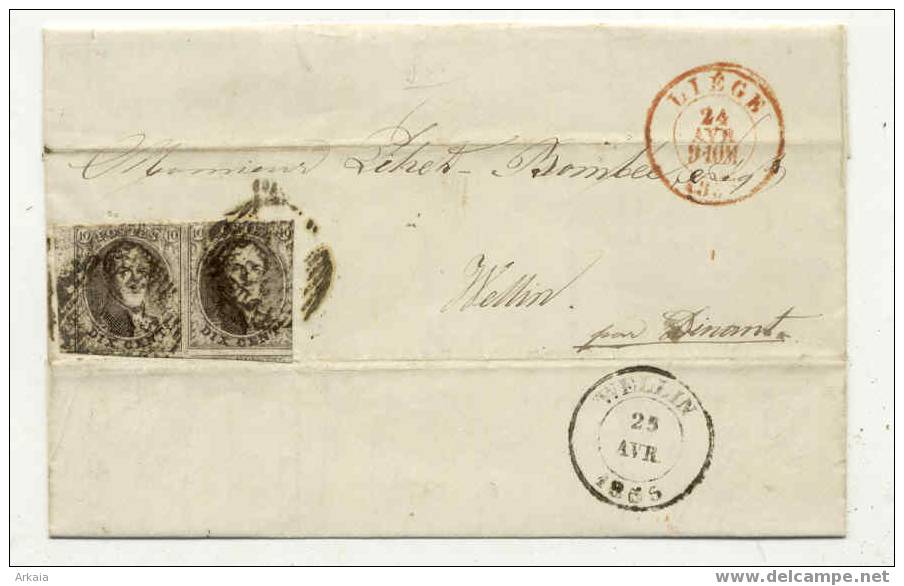 Lettre De Liege (24/04/1855) Avec Paire Du 10C + Bord De Feuille Vers Wellin - 1849-1865 Medallions (Other)