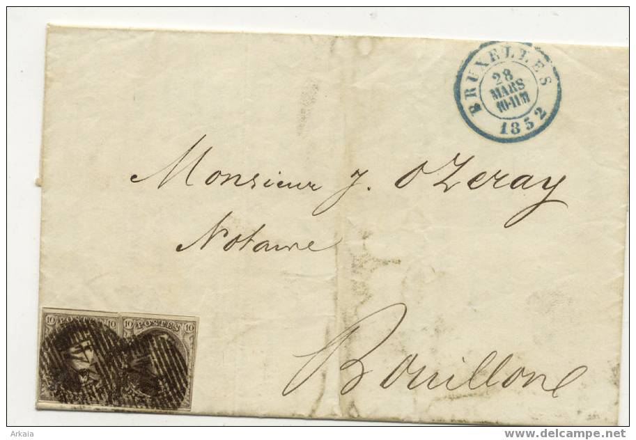 Lettre De Bxl 28/03/1852 Dc Bleu P24 Vers Bouillon (dc Rouge) Paire Du 20C MARGES - 1849-1865 Medaillons (Varia)