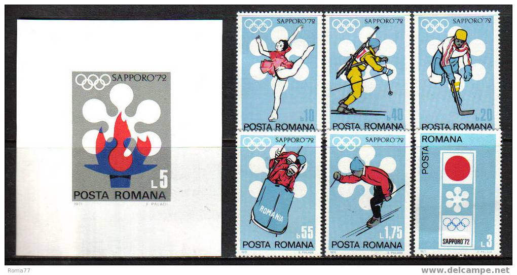 22 - ROMANIA , OLIMPIADI INVERNALI 1972 :  N. 2652/57 + B.F. 92   *** - Inverno1972: Sapporo