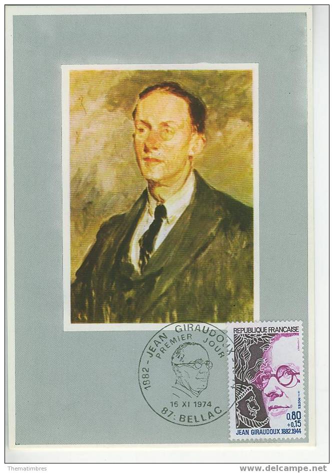 CM0358 A Jean Giraudoux Ecrivain 1822 France 1974 Carte Maximum FDC - Sonstige & Ohne Zuordnung