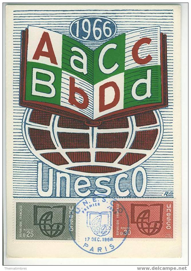 CM0034 Unesco Alphabetisation Livre Service 36 à 37 France 1966 Carte MAXIMUM FDC Premier Jour - Autres & Non Classés