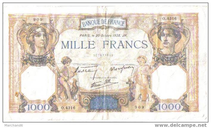 France Recto 1000 Francs Paris,le 20 Octobre 1938.JH. - 1 000 F 1927-1940 ''Cérès Et Mercure''
