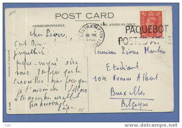 255 Op Kaart " CUNARD RMS  QUEEN ELIZABETH " Met Stempel SOUTHAMPTON /  PAQUEBOT - Brieven En Documenten