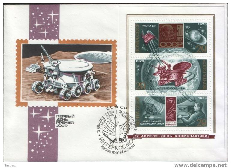 Lunokhod 2. Interkosmos - Russia 1973 FDC Mi# 4107-4108 + Block# 85-86 (Y&T 3924-3925 + BF 84-85) - UdSSR