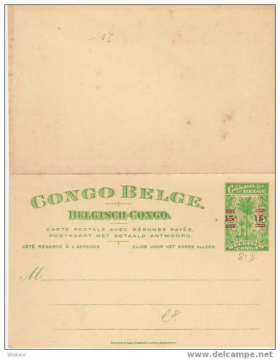 Bg020 / Congo - Ganzsache 81 II, 15 Cent. Überdruck Auf 5 Als Doppelkarte Ungebraucht - Ganzsachen